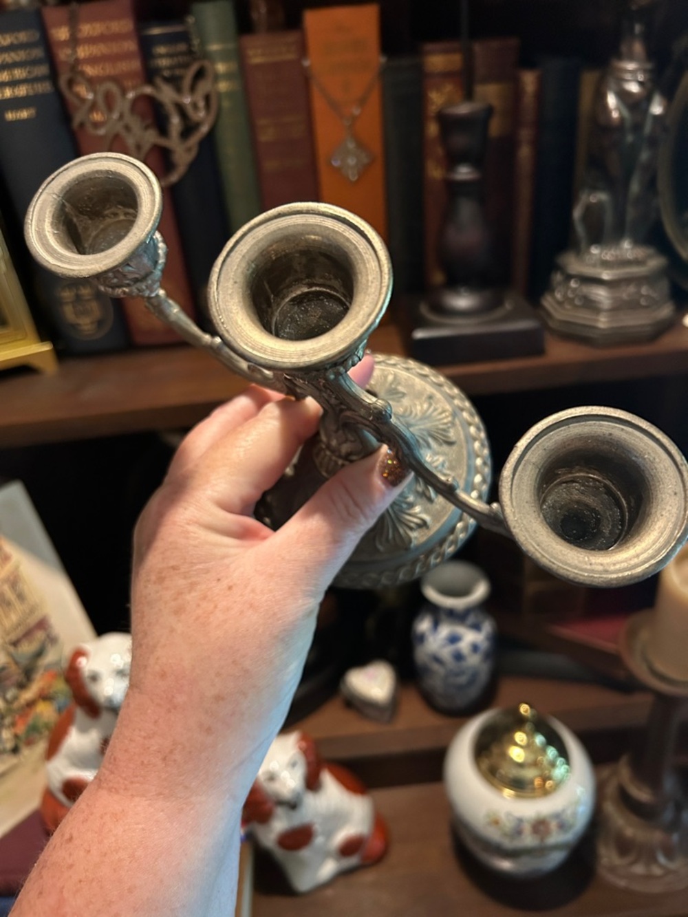 Vintage Baroque-Style Pewter Three-Arm Candelabra - Picture 3 of 6